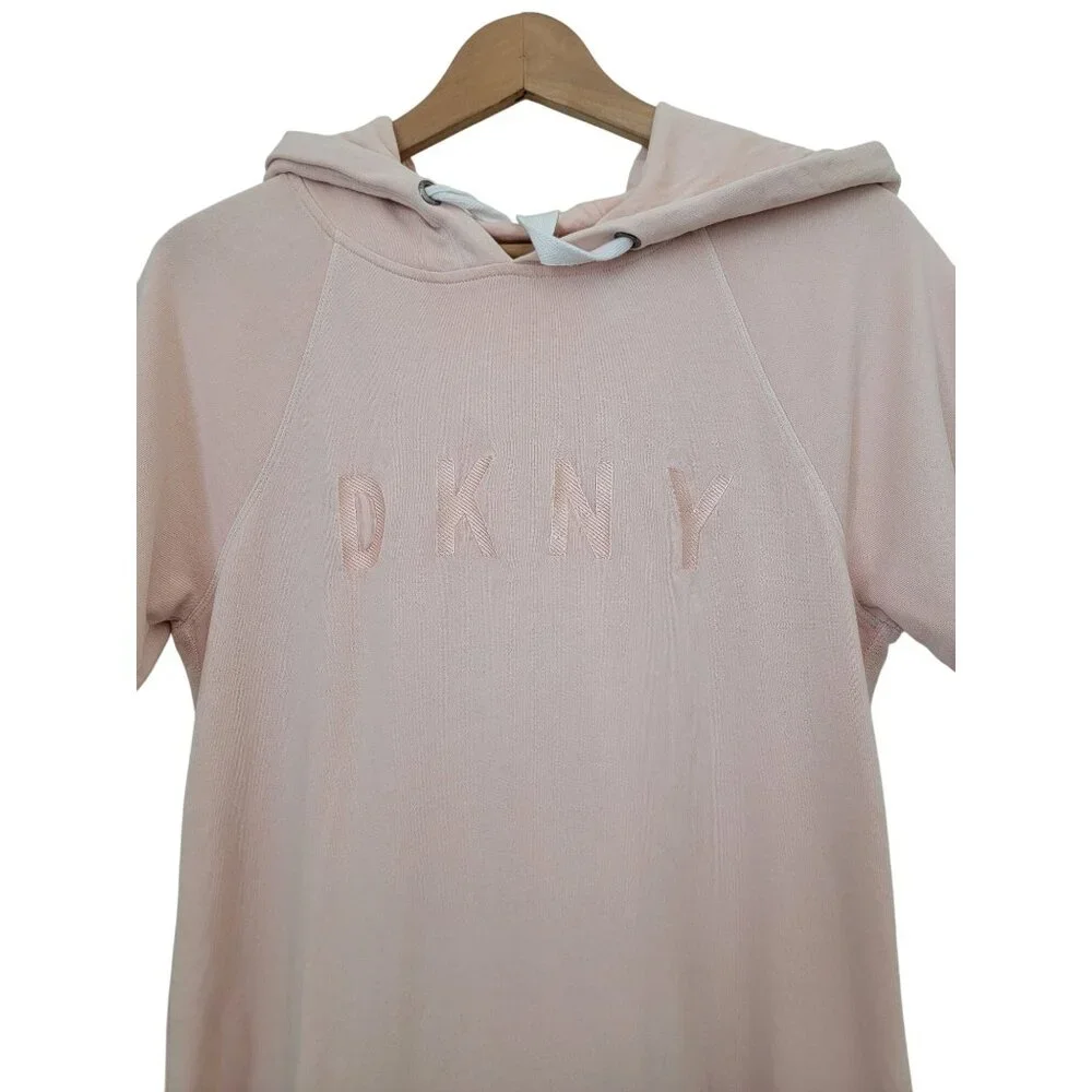 DKNY Sport Pink Hooded Short Sleeve Raw Hem Sweater Dress w/ Kangaroo Pocket Med - Picture 3 of 6
